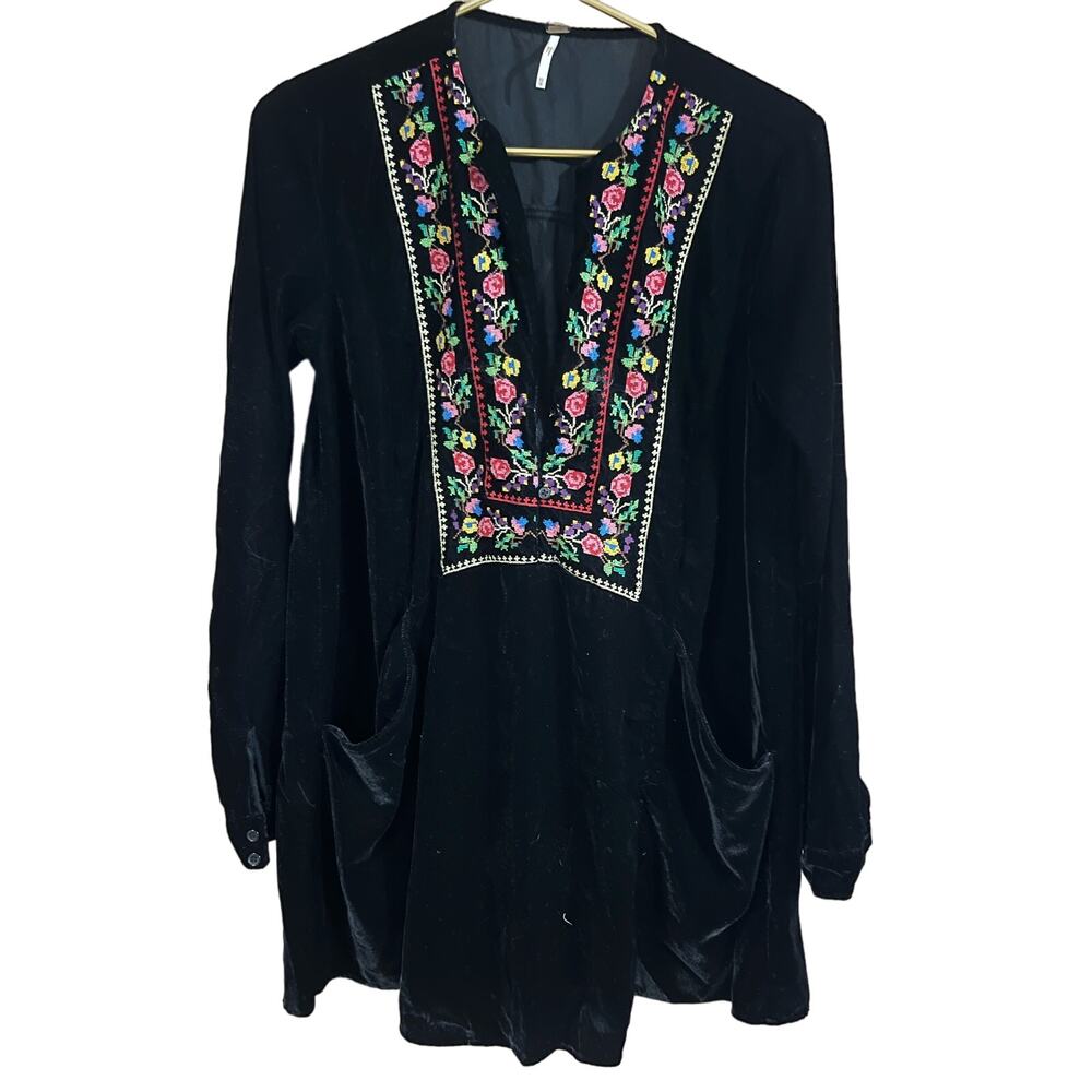 Free People Always Forever Black Velvet Embroidered Tunic Dress Sz XS TP